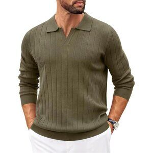 Coofandy Men Army Green Polo Long Sleeve V Neck Lightweight Pullover Sweater